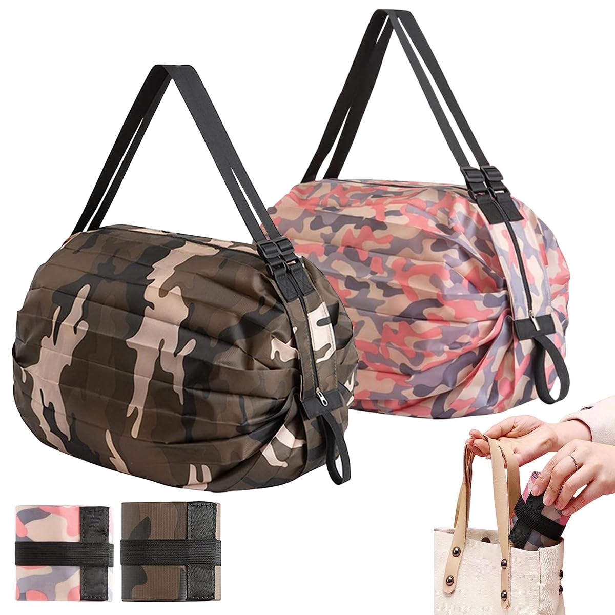 MAYCREATE Reusable Shopping Bag for Grocery with Dual Handles and Zipper | 2Pcs 40×40cm Nylon Foldable Waterproof Tote