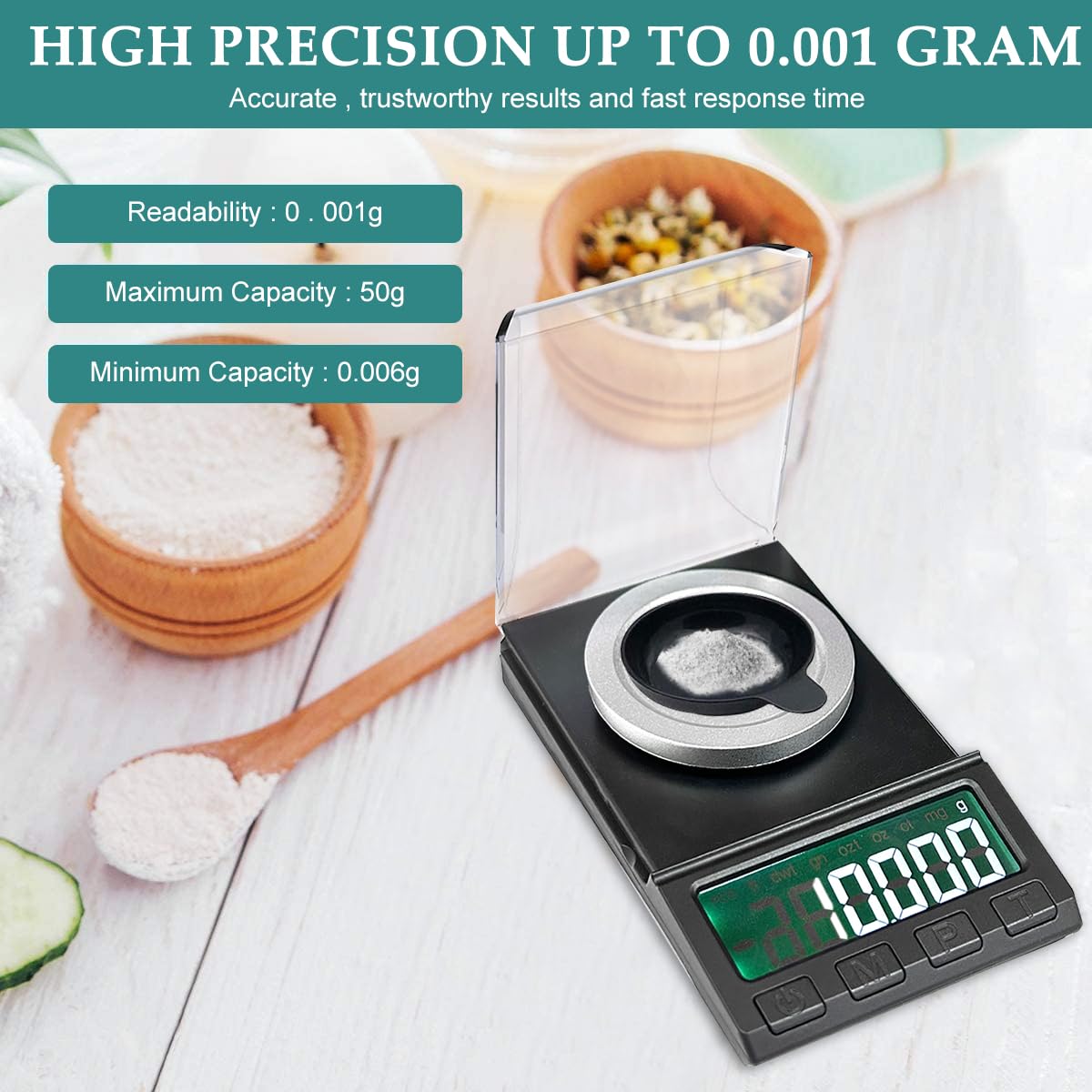 HASTHIP Digital Kitchen Weighing Scale for Home with 50g Capacity and 0.001g Precision | Portable LCD Pocket Scale with Tray Calibration Weight and Tweezer