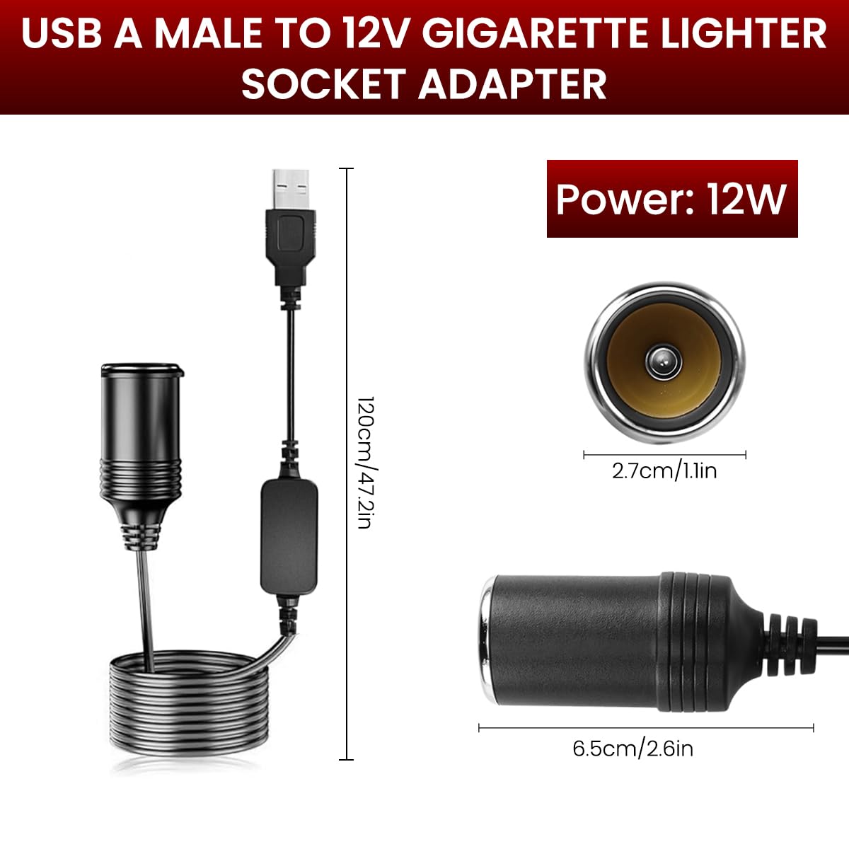 STHIRA USB to Cigarette Lighter Socket Converter for 12V Devices with 1.2 m Cable | 3PCS