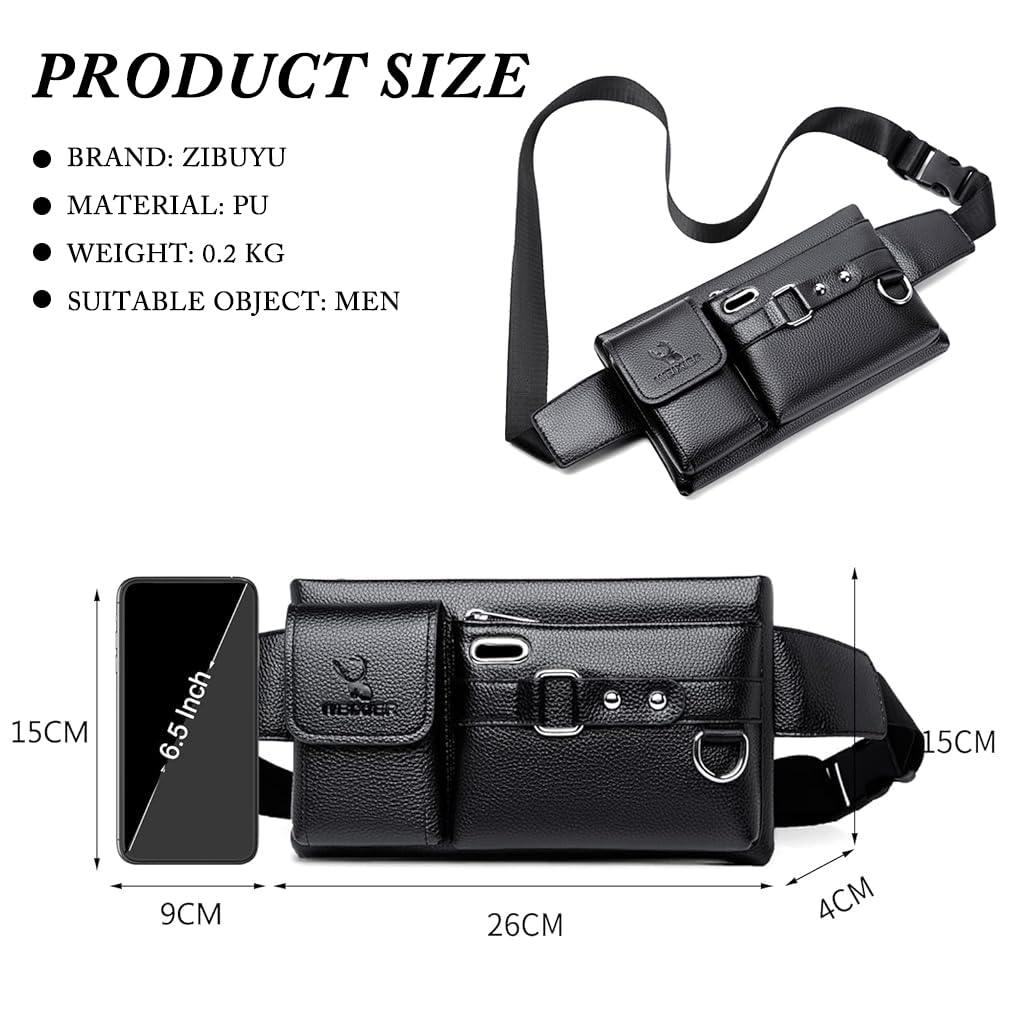 ZIBUYU Men Phone Bag Chest Bag Waist Bag Fashion PU Leather Phone Bag Shoulder Bag Card Bag Adjustable Shoulder Strap with Quick Release Buckle Fashion Chest Bag for Phone, Wallet, Keys, Card