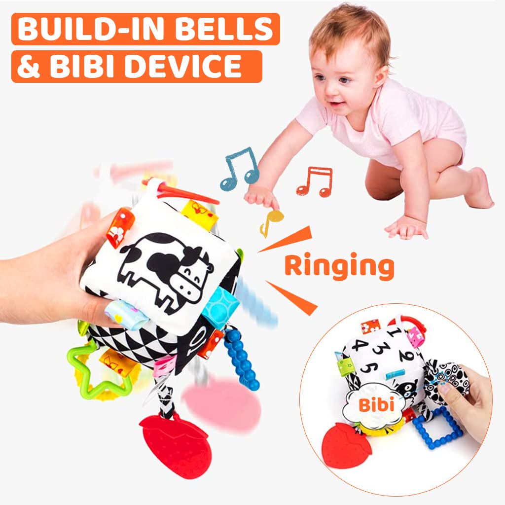 SNOWIE SOFT Baby Hanging Toys for Crib and Stroller with Rattle Sound & Silicone Teether | Soft Cloth High Contrast Toy for Infant 0–12 Months