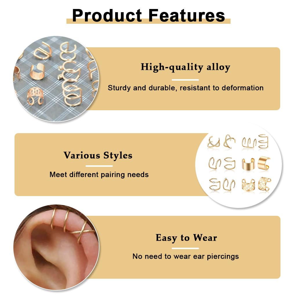 ZIBUYU Ear Cuffs for Women and Girls with Adjustable Non Piercing Clip Design | 12PC Zinc Alloy Set