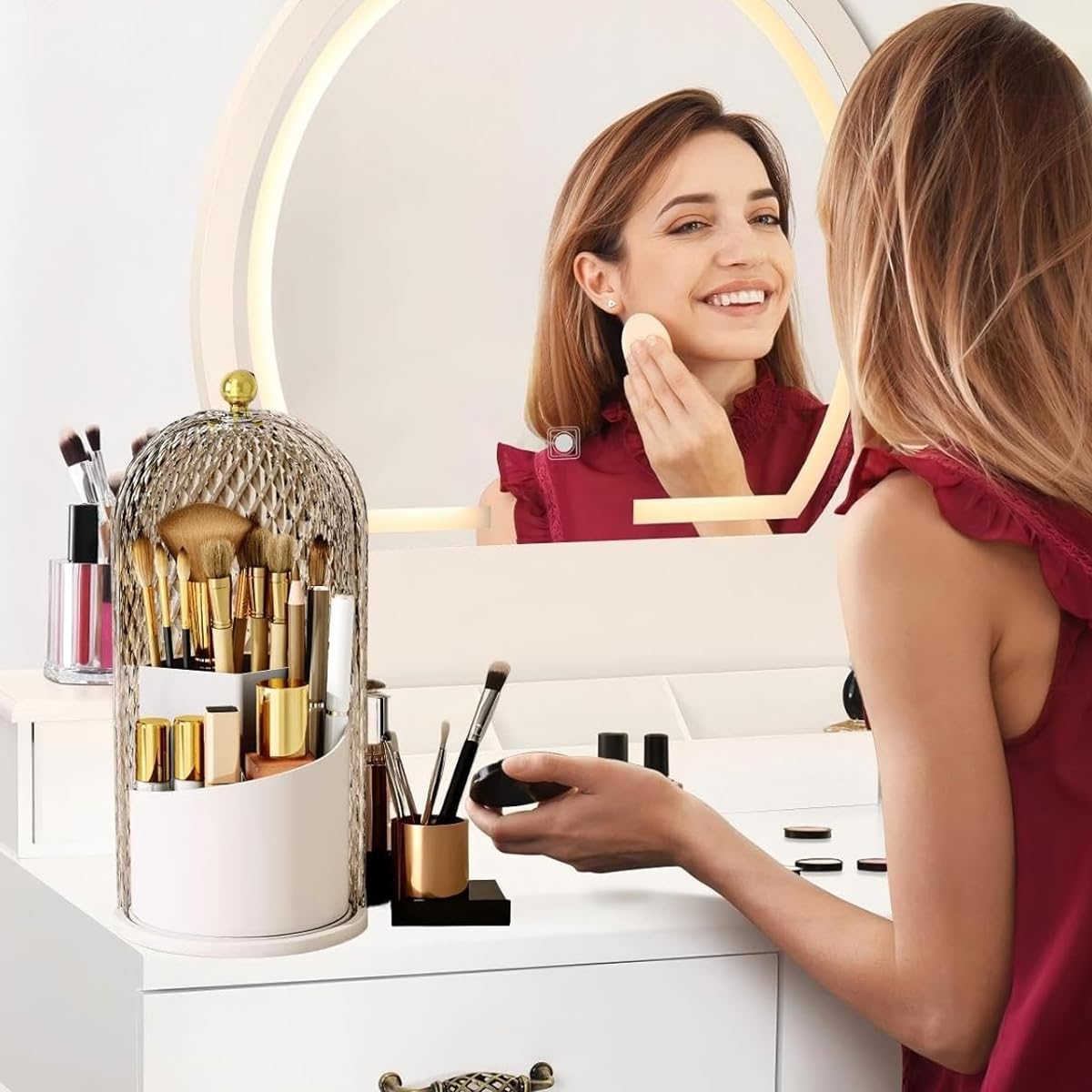 MAYCREATE Makeup Brush Holder for Vanity with 360 Rotating Base and 3 Compartments | White