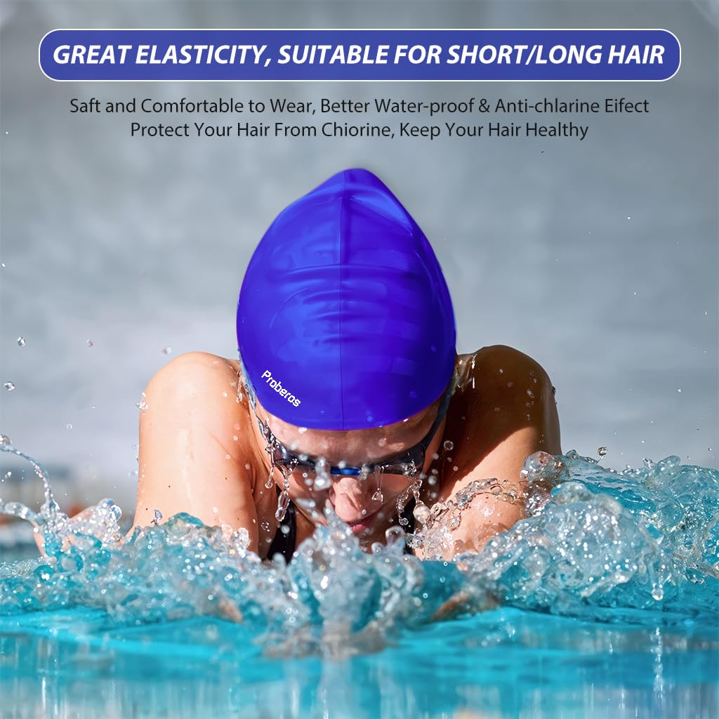 Proberos Swimming Cap for Training and Beach Use with Super Elastic Silicone Fit | Blue Unisex Design