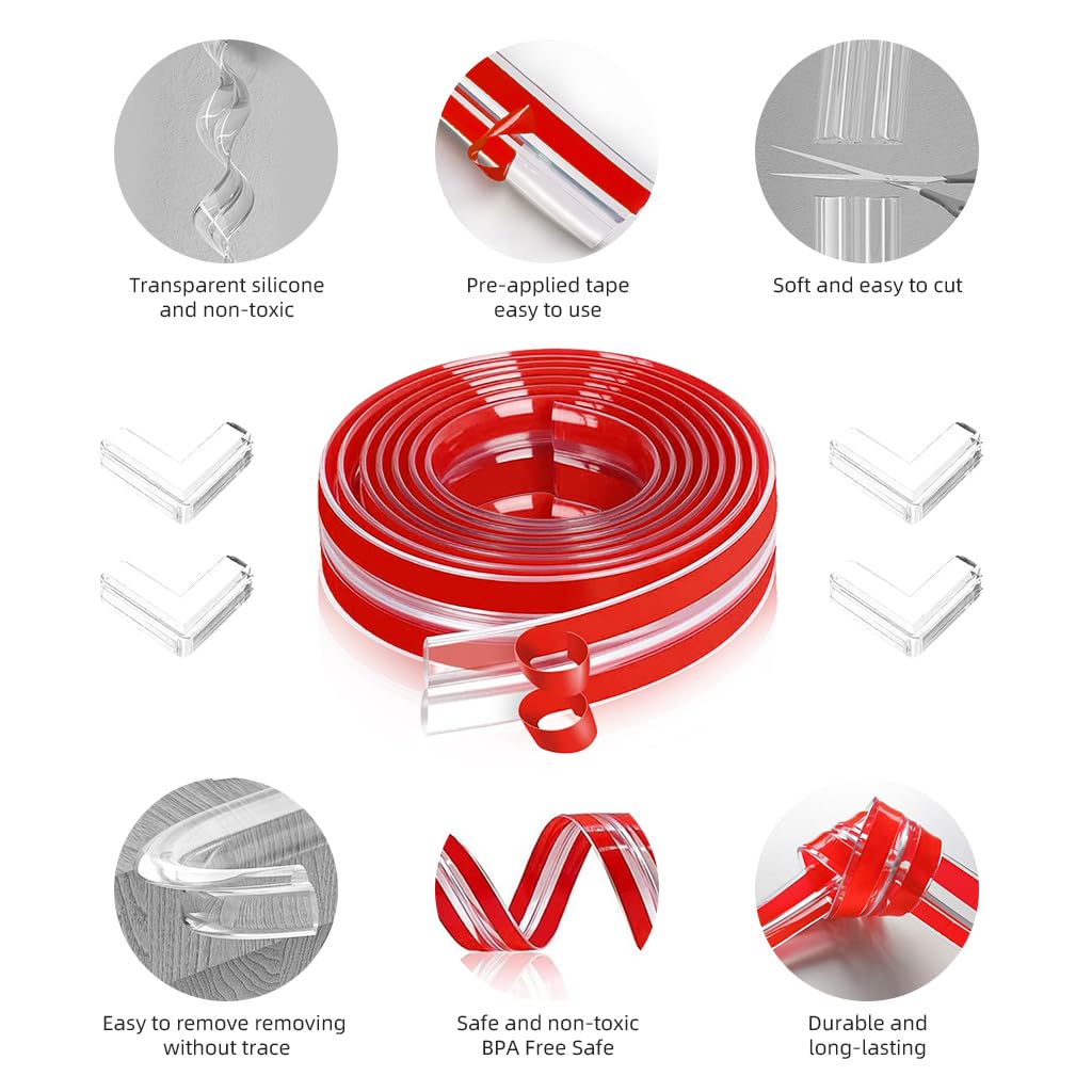 SNOWIE SOFT Child Safety Edge Protector Strip 16.4Ft Customized Self- Adhesive PVC Edge Protector Tape with 4 Transparent Triangle Corner Guards Cuttable Adhesive Edge Protector Strip