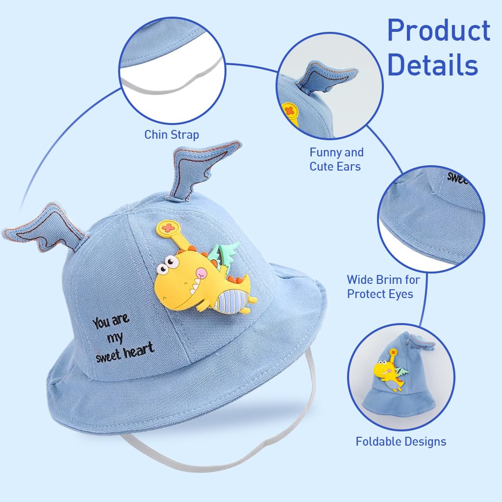 Venzina® Bucket Hat for Kids Boys and Girls Cotton Cap with Antler Cartoon Dinosaur Sun Protection Hat Breathable Wide Brim Summer Kids Cap for Toddlers 1-4 Years Old Hats Gift For Boys, Kids