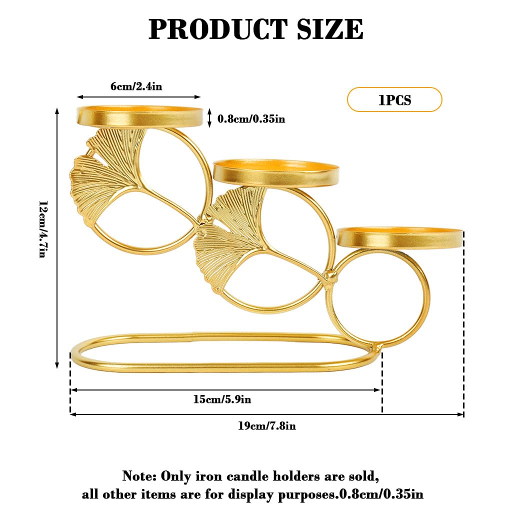 HASTHIP Candle Holder Stand for Home Decor with Three-Cup Design and 7.84x4.72 in Size | Golden Ginkgo Metal Tealight Display