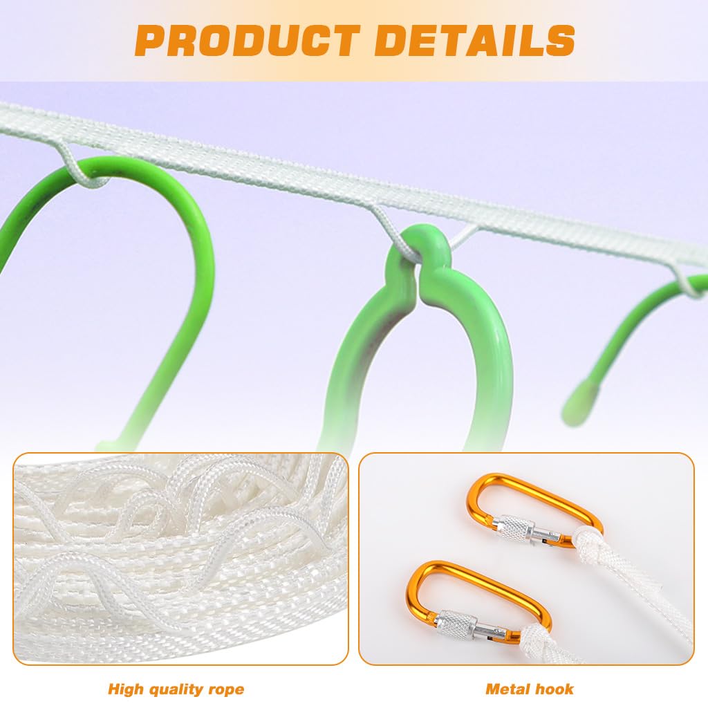 HASTHIP Clothes Drying Rope for Indoor and Outdoor Use with Metal Carabiners and Multi Hanger Loops 9.8 ft White Nylon | Windproof Design for Sheets Clothes and Bedding
