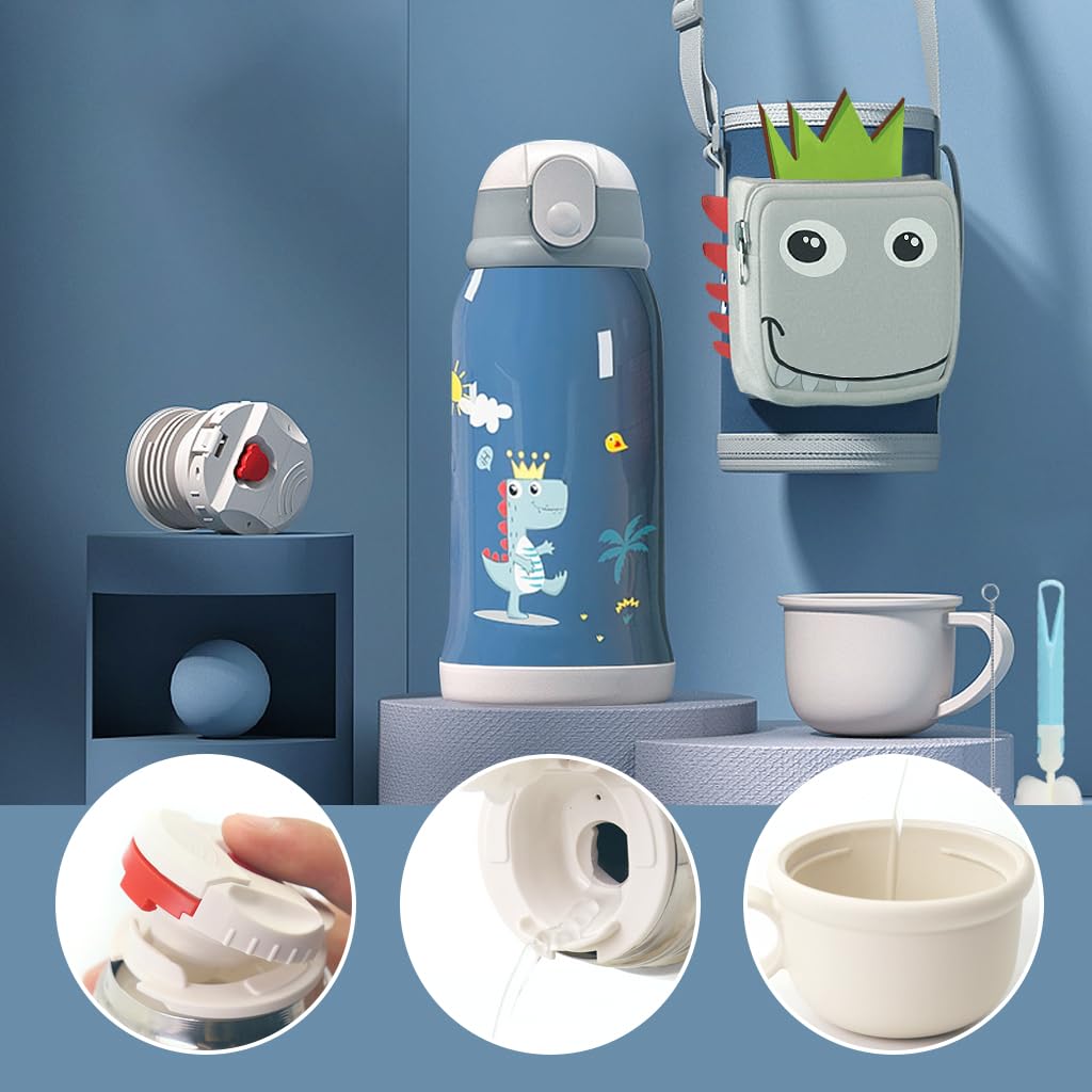 SNOWIE SOFT Water Bottle for Kids with Double Layer Vacuum Insulated Design | 550ml Stainless Steel Dinosaur Flask with Straw and Cup Lid