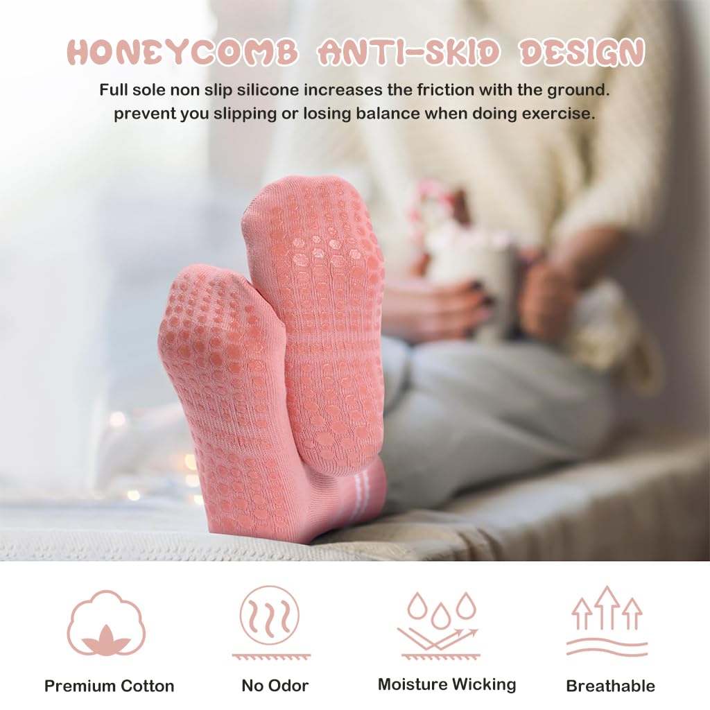 Zibuyu Socks for Women with Anti Slip Silicone Nubs and Breathable Cotton | 3 Pairs for Yoga and Gym Workouts