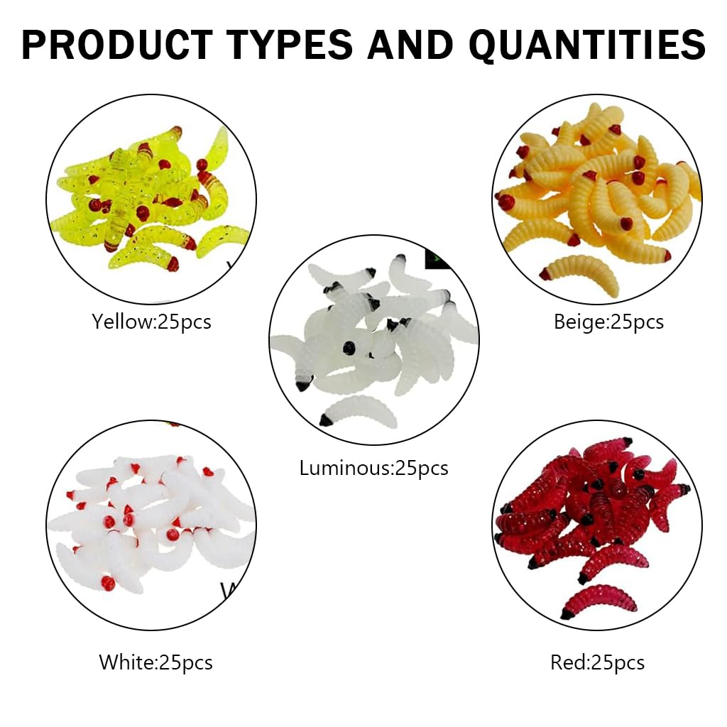 Proberos® Fishing Lures Soft Plastic Kit with Portable Box 5-Color Worms 1 Inch PVC Realistic Maggot Baits 250PCS
