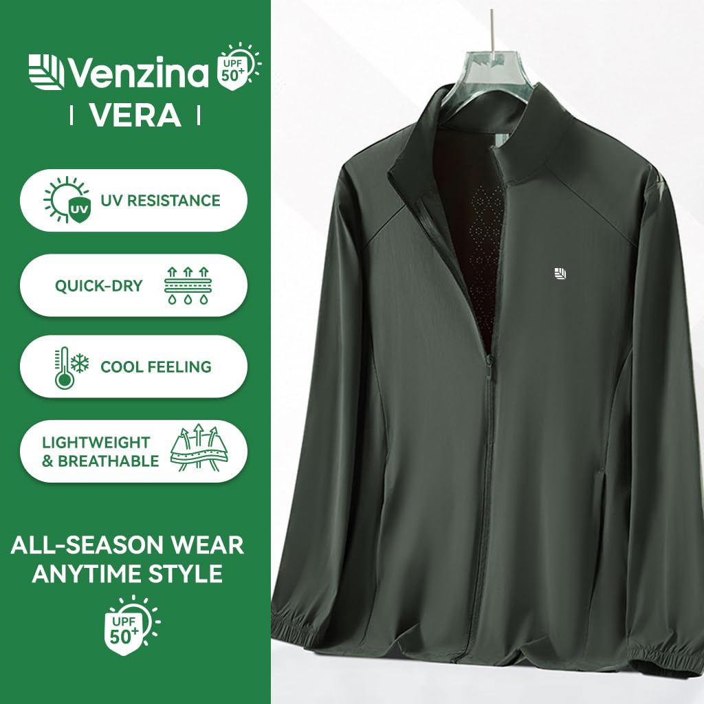 Venzina Men's UPF 50+ Sun Hoodie Jacket for Outdoor Use with 4-Way Stretch Mesh | Dark Green