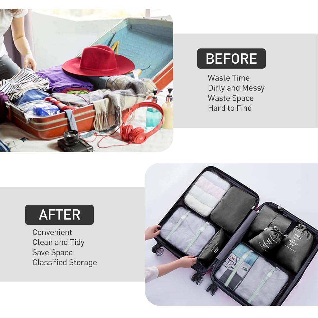 MAYCREATE Travel Organizer Packing Cubes 8 Pcs Set with Mesh Cover Bags and Laundry Bag | Lightweight Polyester Luggage Organizers