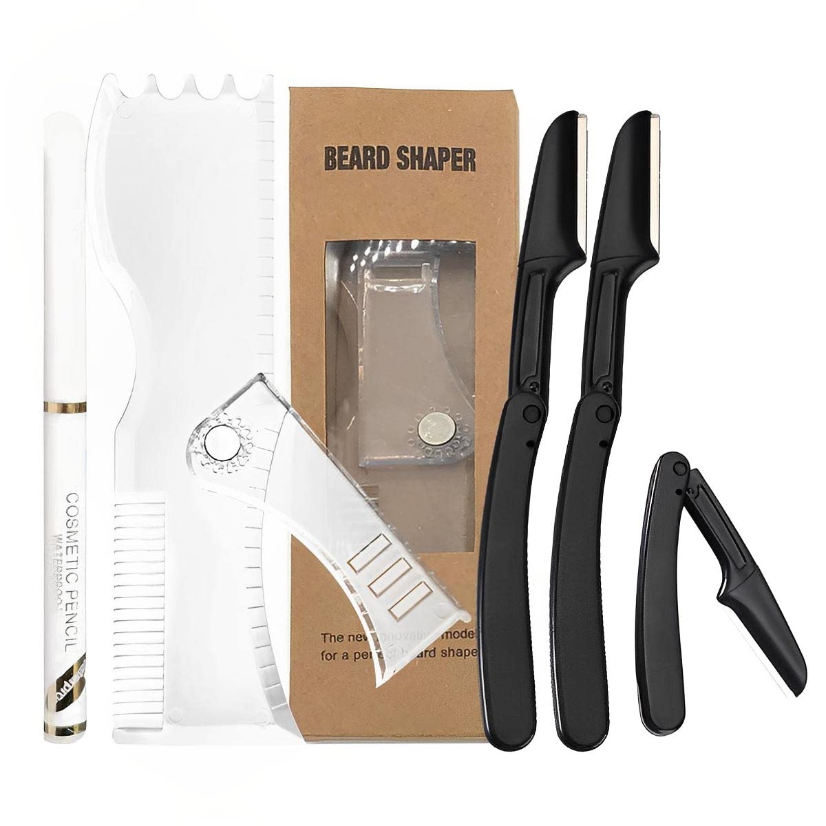 Venzina® Beard Shaper for Men, Beard Styling Tools Kit with Adjustable Beard Shaping Template, 3 Folding Razors and Barber Pencil & Many Styles Hair and Beard Stencil Guide for Perfect Line Up