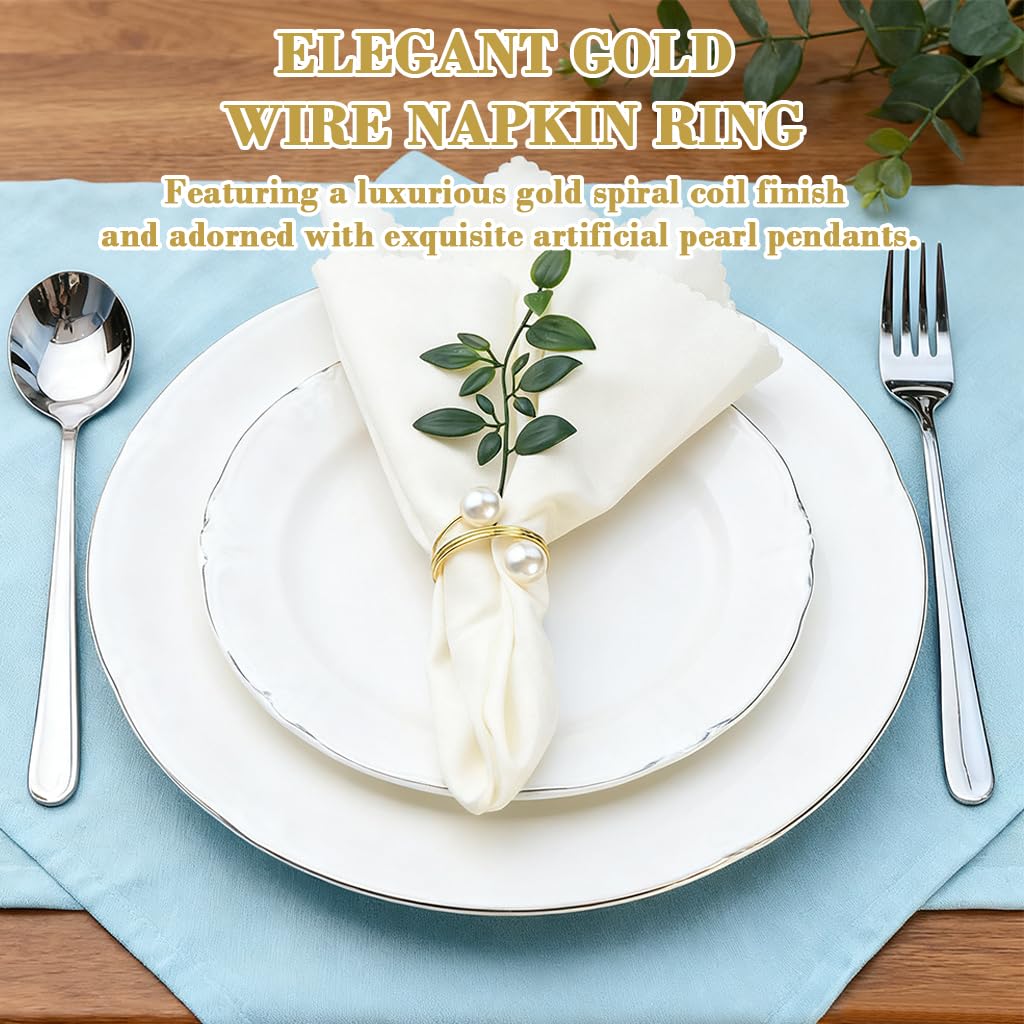 HASTHIP Napkin Rings for Weddings and Holiday Dinners with Faux Pearl Charms | Set of 6 Gold Wire Holders