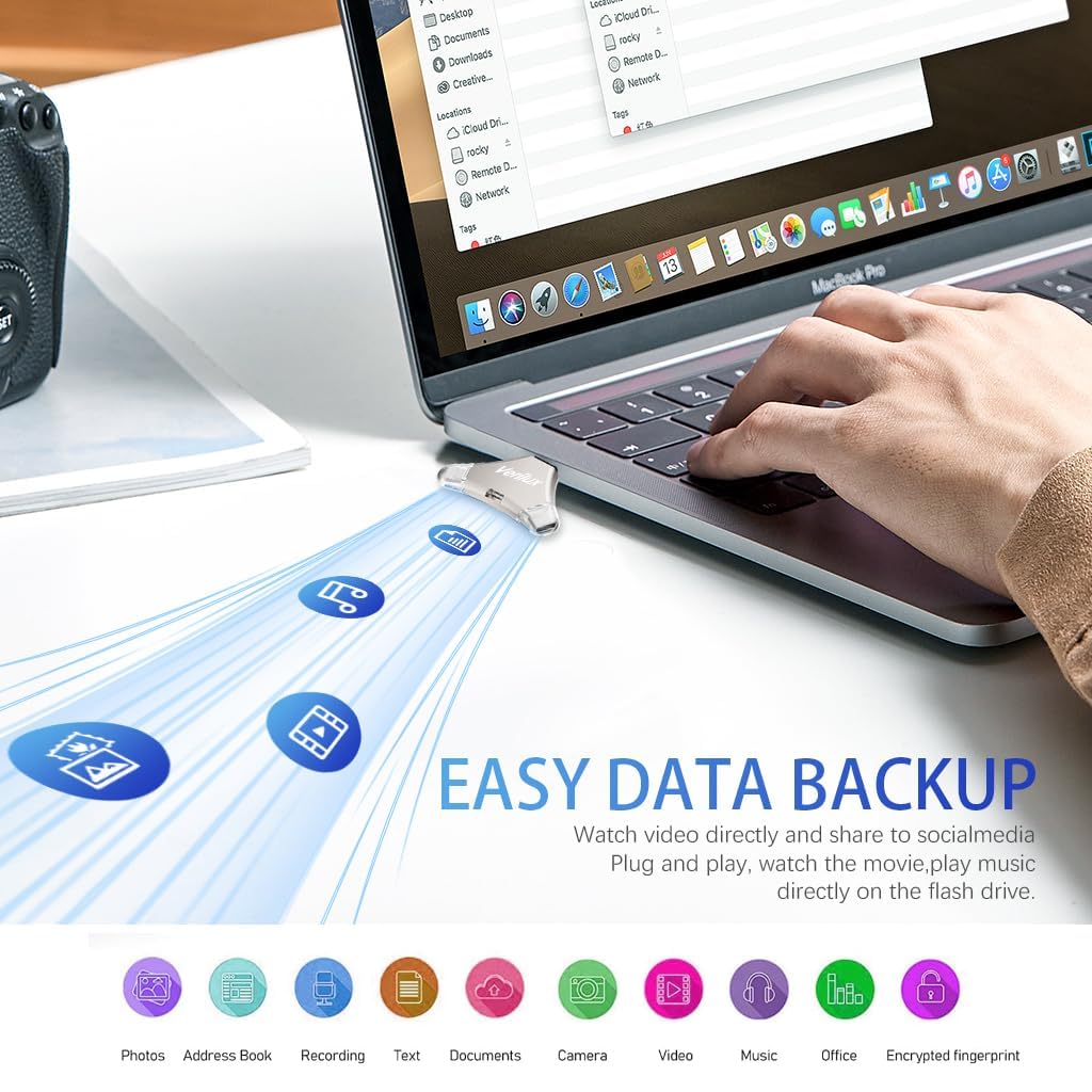 Verilux Flash Drive for iPhone and Android with 256 GB Storage featuring 4 in 1 Connectors | Metal Keychain Design