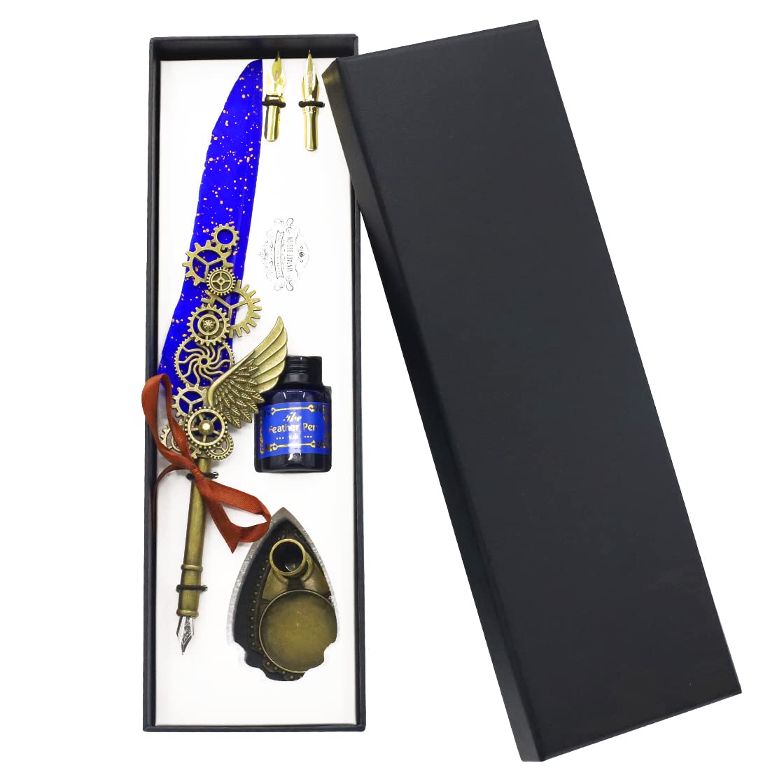 HASTHIP Feather Pen and Blue Ink Set for Calligraphy with 2 Nibs and Gear Design | Vintage Writing Gift