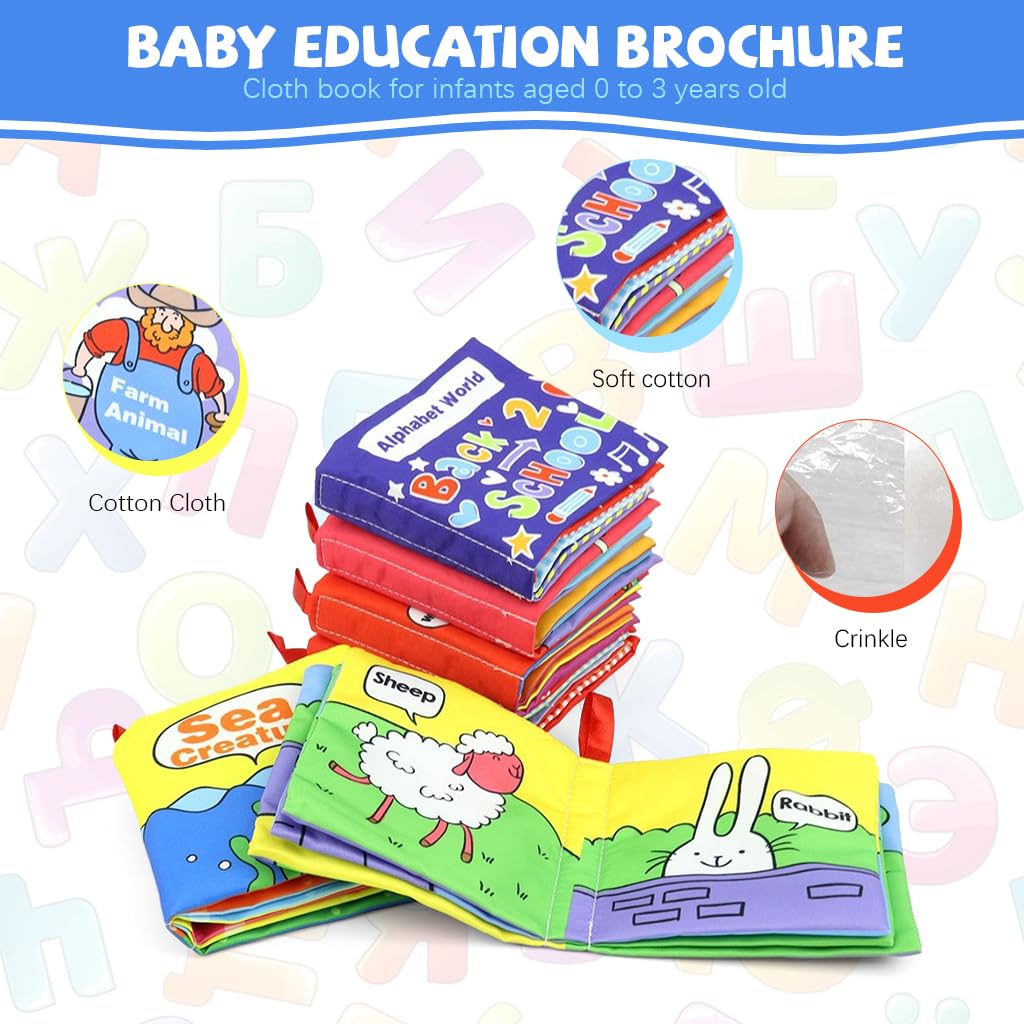 SNOWIE SOFT Cloth Books for Babies 6PCS with Crinkle Pages and Waterproof Design | Early Learning Toy