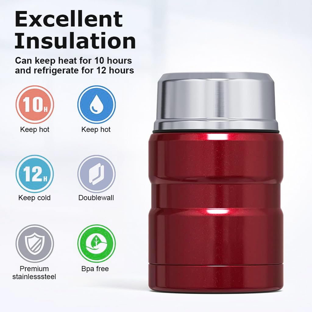 Supvox® Vacuum Flask 500ml Insulated Food Jar Vacuum Flask Food with Folding Spoon Double Layer 304 Stainless Steel Vacuum Flask Food Lunch Box Hot Food Vacuum Insulated Jar for Porridge, Soup, Red