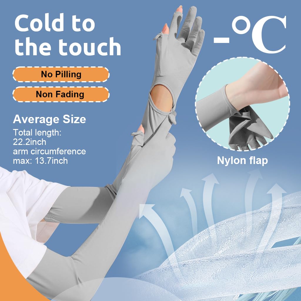 PALAY® UV Protection Arm Sleeves Nylon Ice Silk Arm Sleeves with One Piece Gloves, Open Finger Tip & Anti-slip Palm Design Outdoor Cool Arm Sleeve for Driving, Cycling, Gardening- Grey