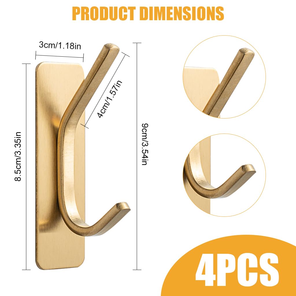 Supvox Wall Hooks for Kitchen Bathroom and Entry featuring Dual Hook Design | 4Pcs Golden Stainless Steel No Drill Adhesive