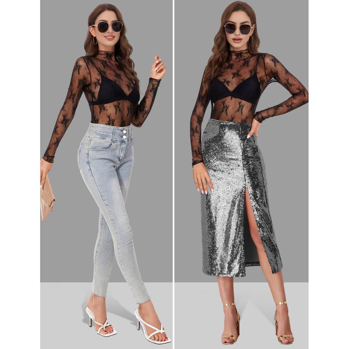 SANNIDHI Mesh Long Sleeve Top for Women featuring Floral Lace Embroidery | Sheer Mock Neck Blouse