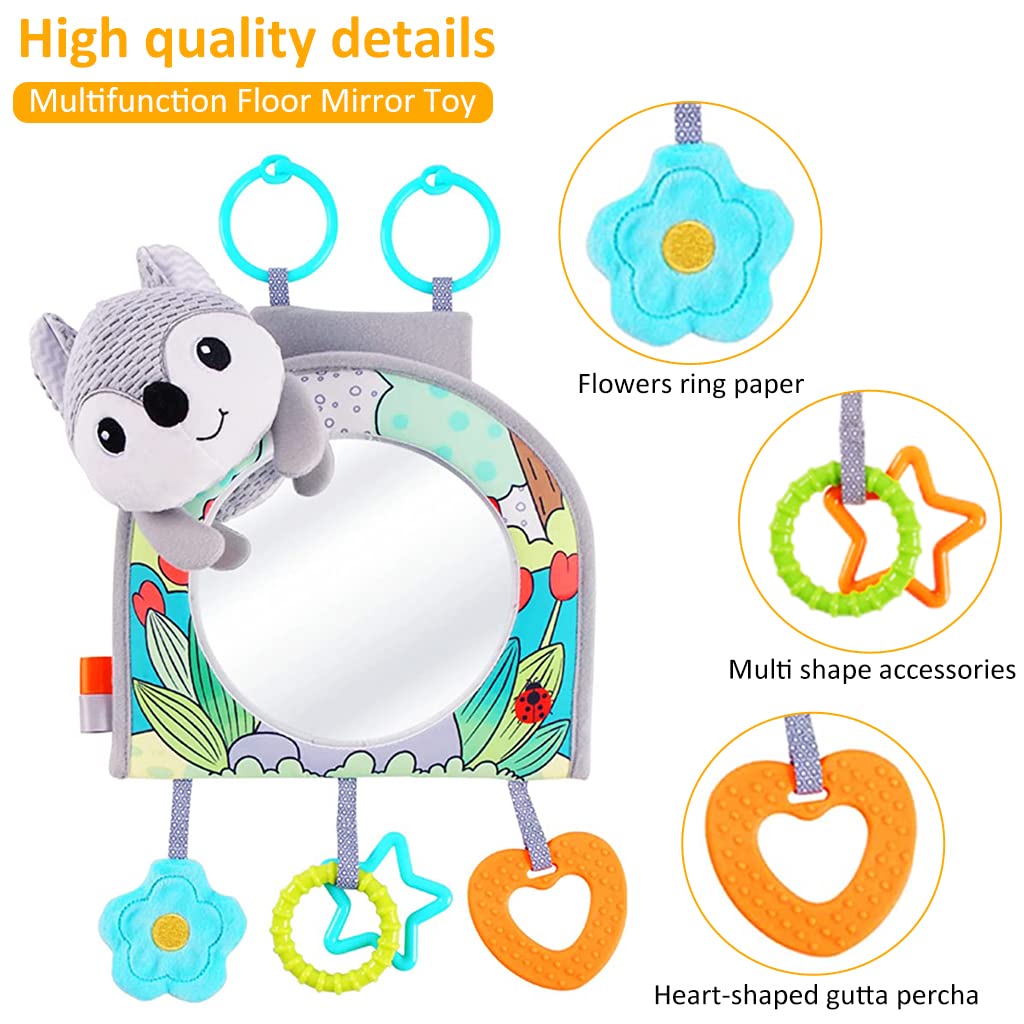 PATPAT® Car Seat Toys for Babies, Baby Hanging Mirror Toy, Multifunction Floor Mirror Toy, Newborn Fox Hanging Pram/Carseat/Crib Sensory Travel Activity Toys for Baby 0-12 Months (Grey)