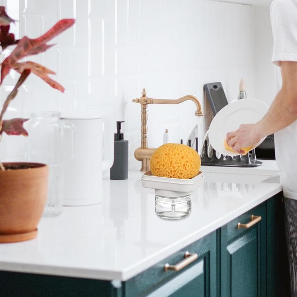 Supvox® Glass Liquid Soap Dispenser 280ml, 2 in 1 Press Dish Cleanser Dispenser with Integrated Sponge Drain Holder