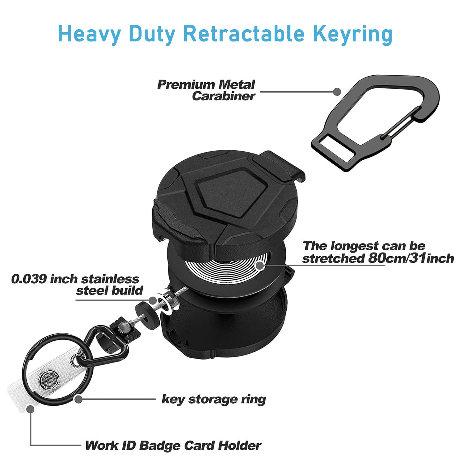 HASTHIP® Heavy Duty Retractable Keychain with Carabiner, Retractable ID Badge Holder Clip Retractable Badge Reel with 31.7