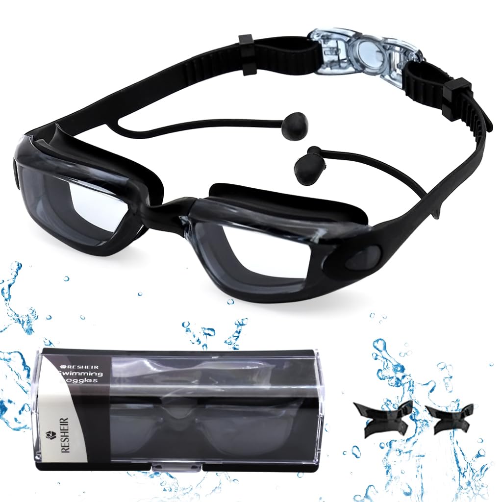 Optifit Adult Swim Goggles for Men and Women with Ear Plugs featuring Anti Fog Lens | Black