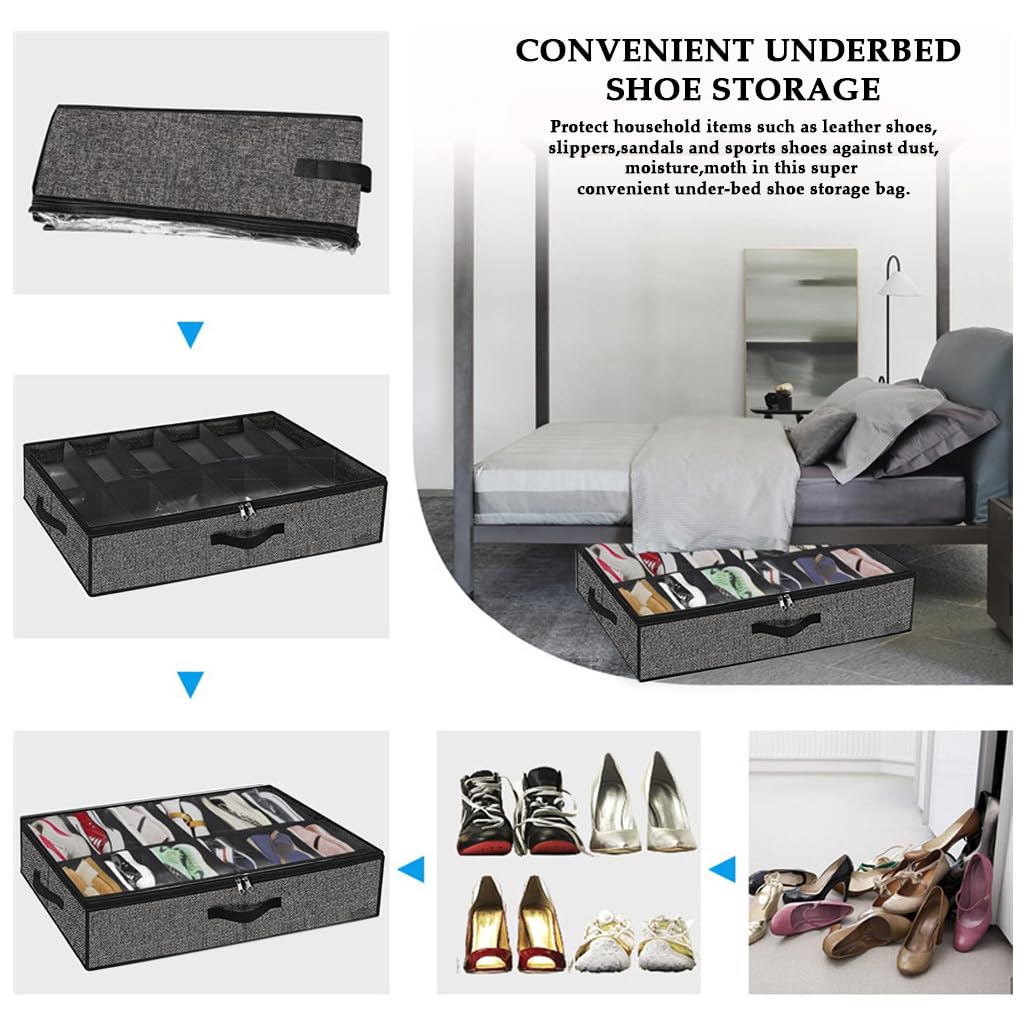 HASTHIP Under Bed Shoe Storage Organizer for 6–12 Pairs with Clear Zip Cover | 75x60x15cm Folding Non Woven Fabric Box