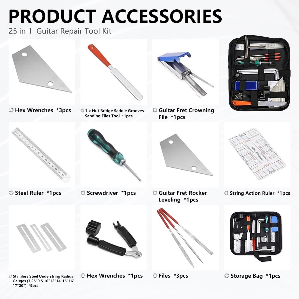 HASTHIP Guitar Repair Tool Kit for Setup and Maintenance with 25 in 1 Tools | Includes Fret Ruler and Files