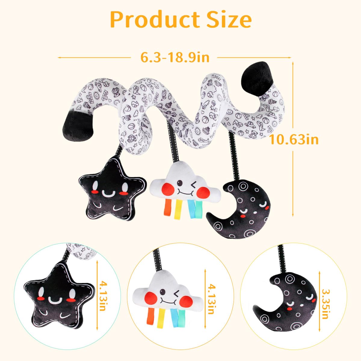 SNOWIE SOFT Star and Moon Stroller Toy for Crib Use with Spiral Design and Plush Fabric | Sensory Play for 6–12 Month Babies