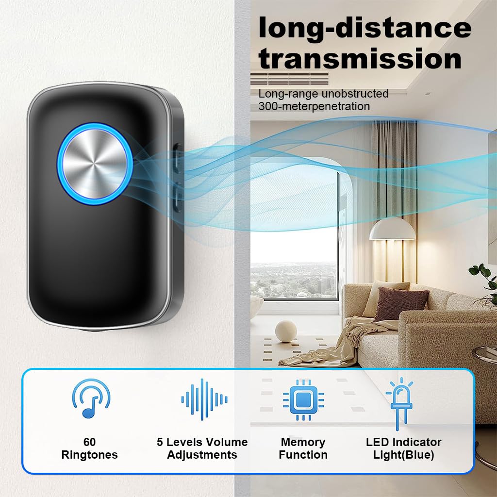 Supvox® Wireless Doorbell Kit, LED Flash Door Bell for Home Office, Self-Powered Doorbell Transmitter, 492ft Application Range, 60 Ringtone Switchable, Clear and Loud Sound, 5 Volume Level Adjustable