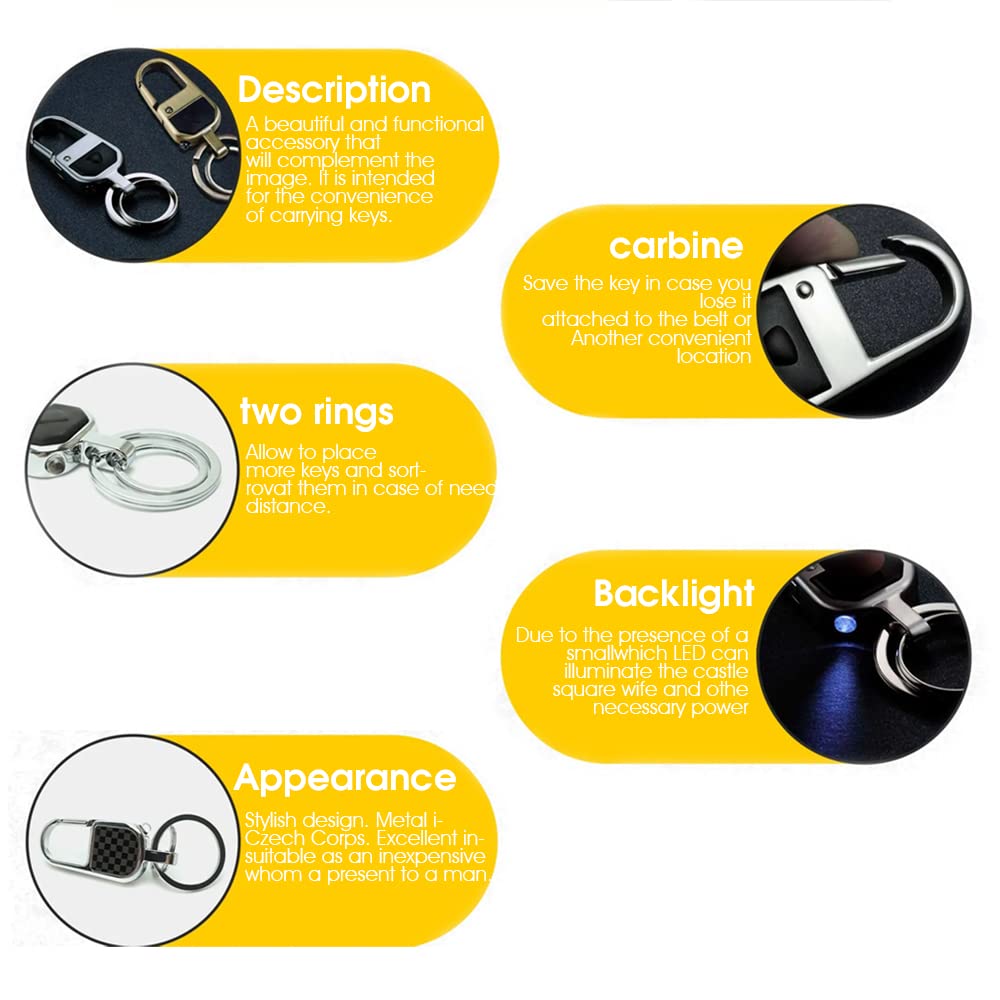 GUSTAVE Key Ring for Car and Bike with LED Light and Double Spring Buckle | Silver 3.42×0.94 in