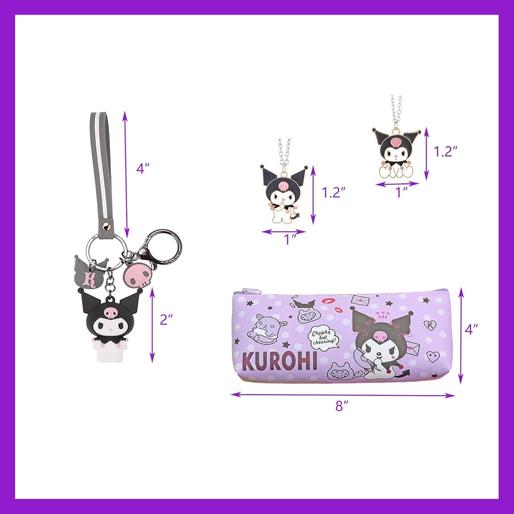 HASTHIP® Kawaii Kuromi Headpieces Gift Set of 9Pcs Kuromi Merchandise Includes Spa Plush Headband, Cartoon Headband, Scrunchy, Beaded Bracelet, Necklaces, Keyring, Stickers, Stationeries Pouch.
