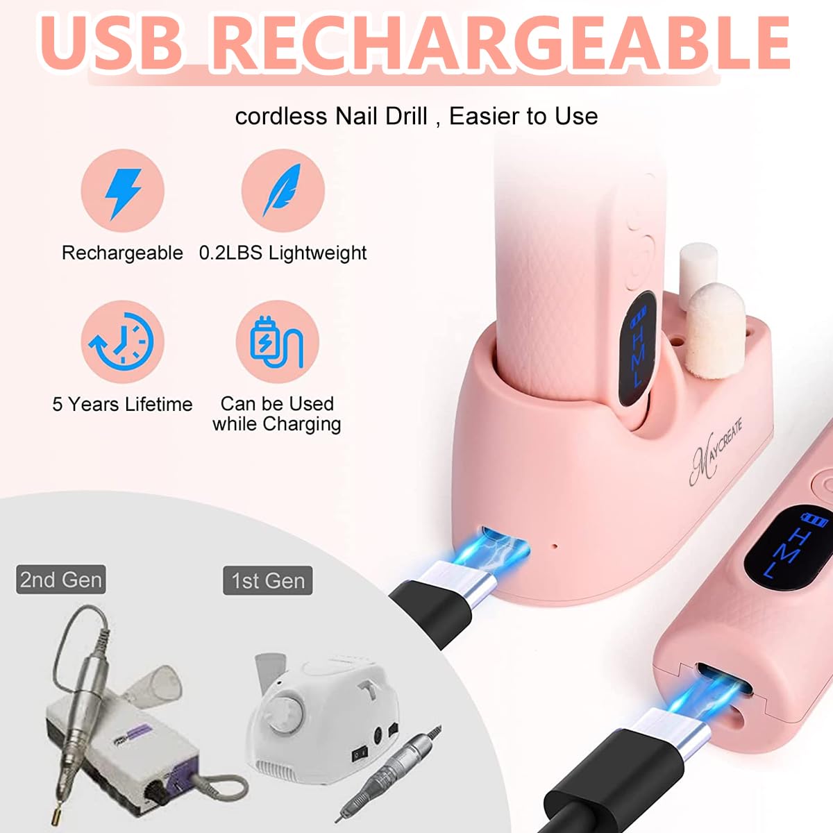 MAYCREATE Cordless Nail Drill Machine for Gel and Acrylic Nails with LCD Display 20000rpm | Rechargeable Bit Kit for Manicure and Pedicure