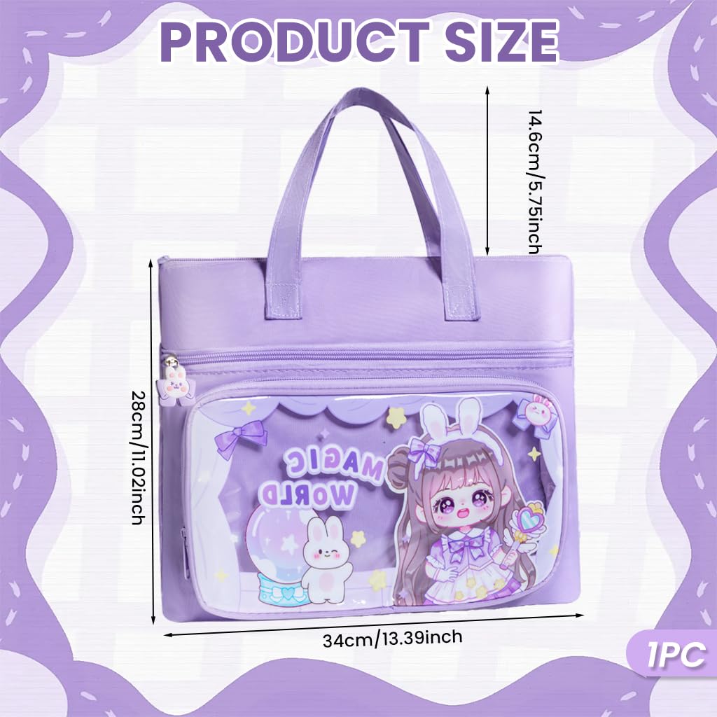 Zibuyu Tote Satchel Bag for School or Work with 13.8 x 10.6 in 3 Layer Capacity | Clear Pocket & Cute Cartoon Zippers