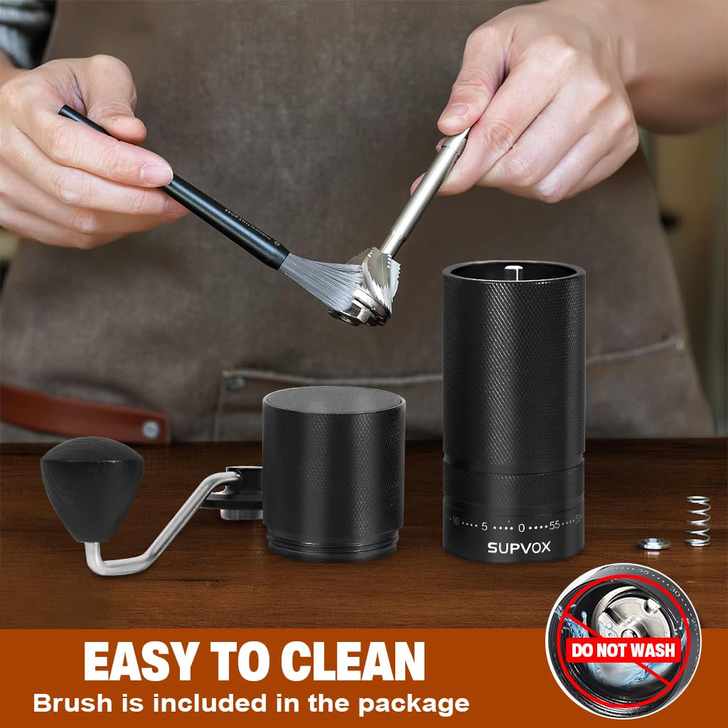 Supvox Hand Coffee Grinder for Travel with 25g Capacity CNC Steel Burr and Wooden Handle