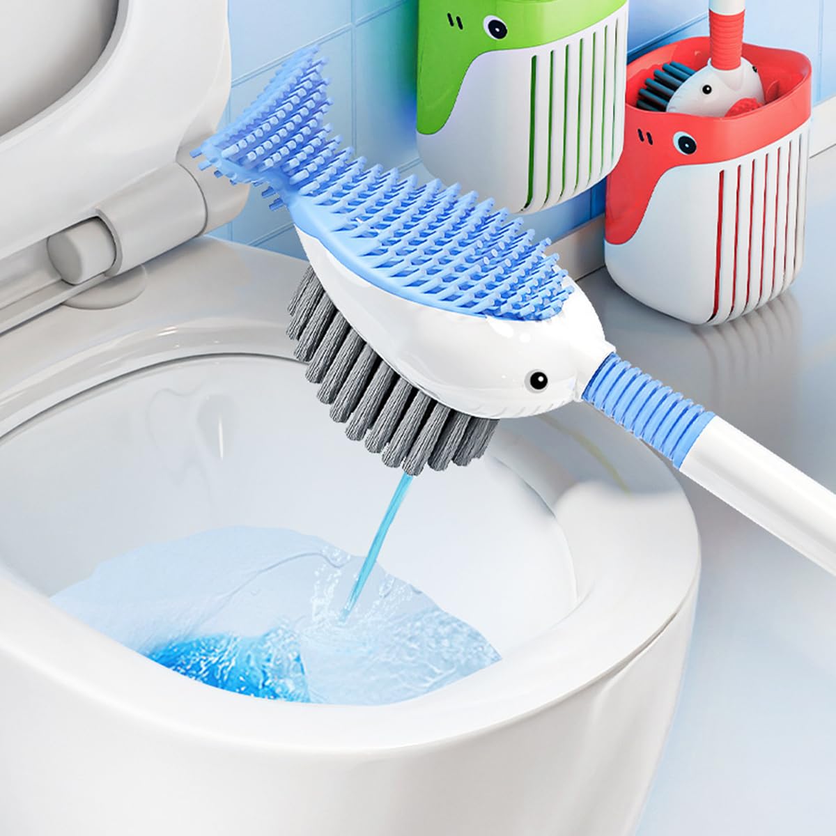 HASTHIP Toilet Brush for Bathrooms with 16 in Double Sided Head and Built in Soap Dispenser | Blue