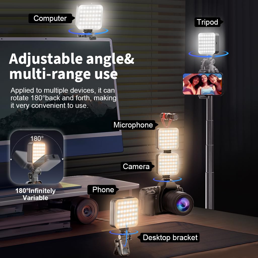 ELEPHANTBOAT Portable Lights for Video Shooting with 3-Color Dimmable LED and 360° Adjustable Clip | USB Rechargeable 2000mAh