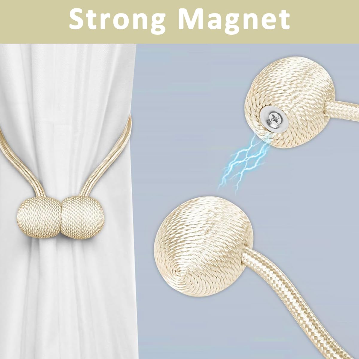 HASTHIP Magnetic Curtain Tiebacks for Home and Office with 40cm Rope and 3.3cm Balls | Strong Anti Rust Magnets