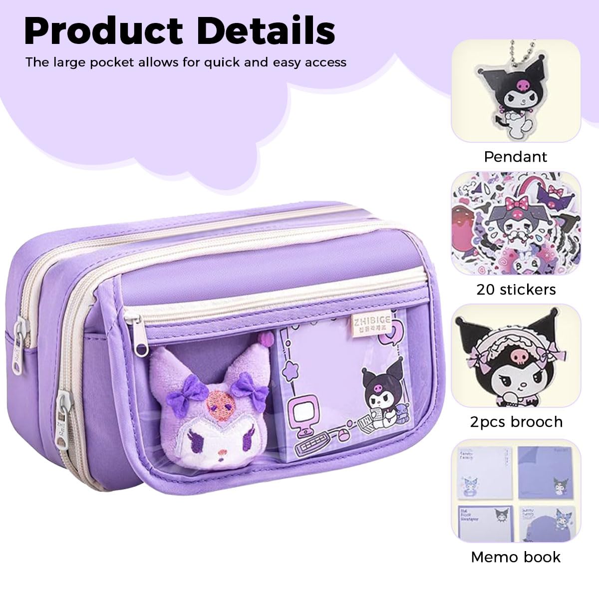 Zibuyu Kuromi Transparent Pencil Case Set for School with 20 Stickers and PET Pouch | Cute Gift for Girls