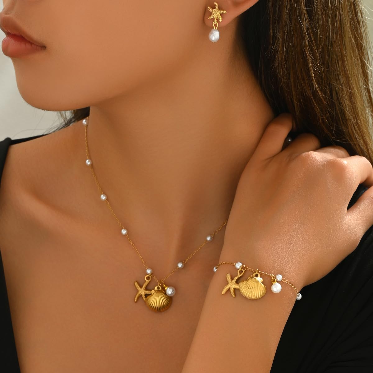SANNIDHI Necklace Set for Women featuring Starfish Shell and Pearl Charms | Adjustable Jewelry Gift Set