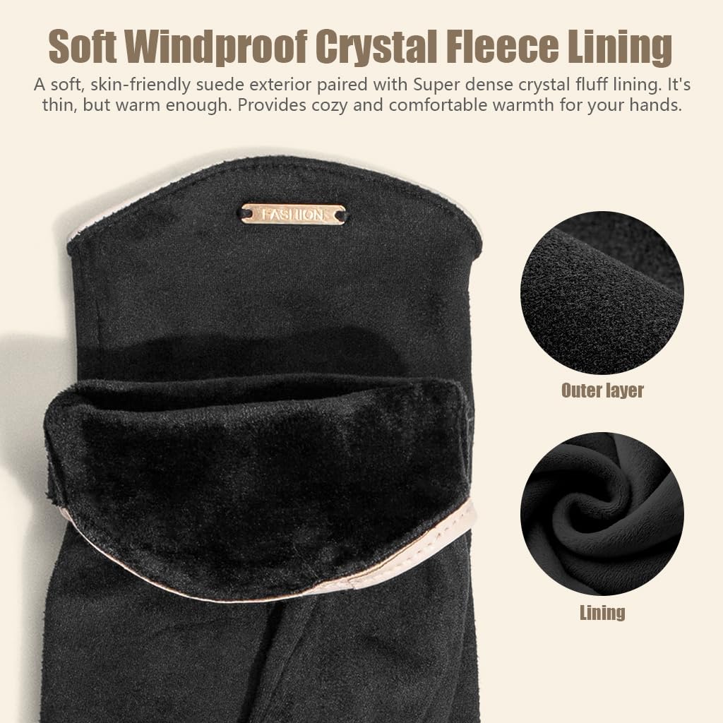 SANNIDHI Winter Gloves for Women with Open Index Finger and Warm Fleece Lining | Suede Black