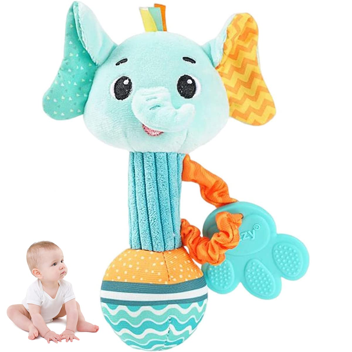PATPAT Rattles for 6 to 12 Months with Teether and Elastic Hand Rope | Soft Elephant Toy for Babies