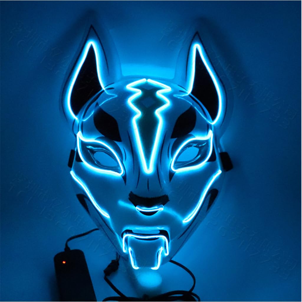 Optifit® Halloween Mask, Fox Mask LED Mask, Fortnite Light-up Mask for Halloween Cosplay Game Party Props, Face Cover with Head Strap Dress-Up, Gift for Fortnite Gamer (Blue)