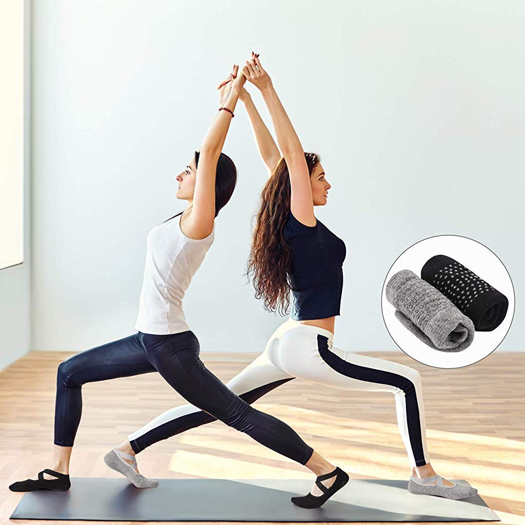 PROBEROS Women Yoga Ankle Socks for Pilates and Barre with Elastic Straps and Silicone Grips | 2 Pairs Cotton Black and Gray