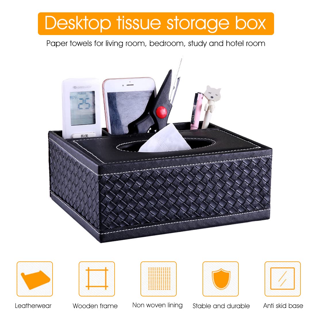 HASTHIP Desktop Organizer for Home Office with 23.5×16.7×9.4 cm Size and Three Compartments | PU Leather Tissue Box Holder