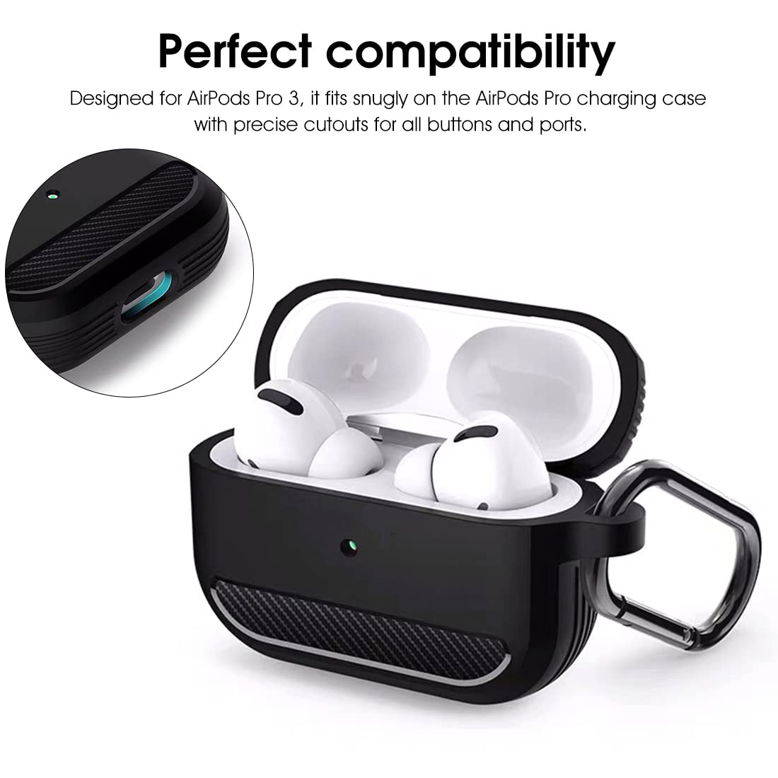 ZIBUYU Heavy Duty Protective Case for AirPods 3 2021 with Airbag Corners and Carabiner | Black TPU PC Cover